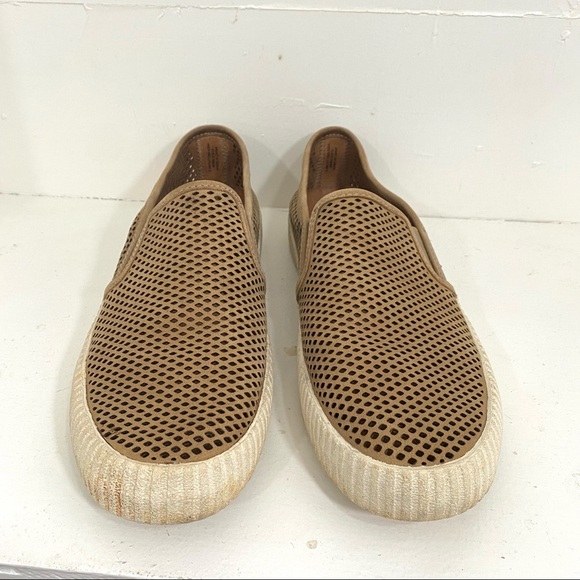 Frye Camille Perforated Leather Slip On Sneakers Ivy Brown Saddle Tan Ash Sz 9.5 - Picture 2 of 5